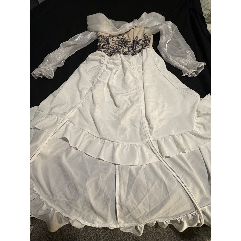 Toile Bodice Milkmaid Dress ~6~White Chiffon Slv Fairy Tale Parachute Hi Low Hem - Picture 8 of 16